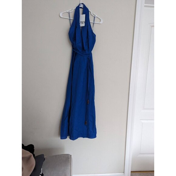 ZARA WOMAN LINEN BLEND HALTER DRESS INK BLUE XS S M L | 4786/293 NWT - Picture 12 of 15